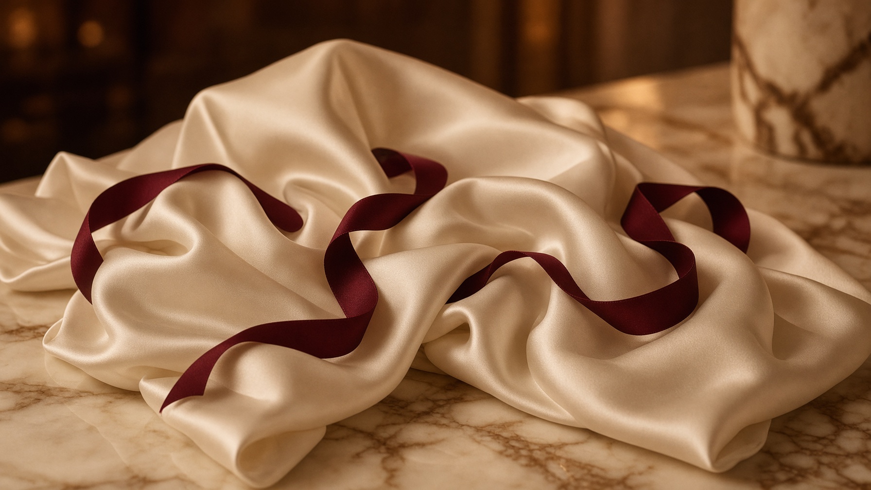 Ivory silk in sculptural folds with an oxblood ribbon