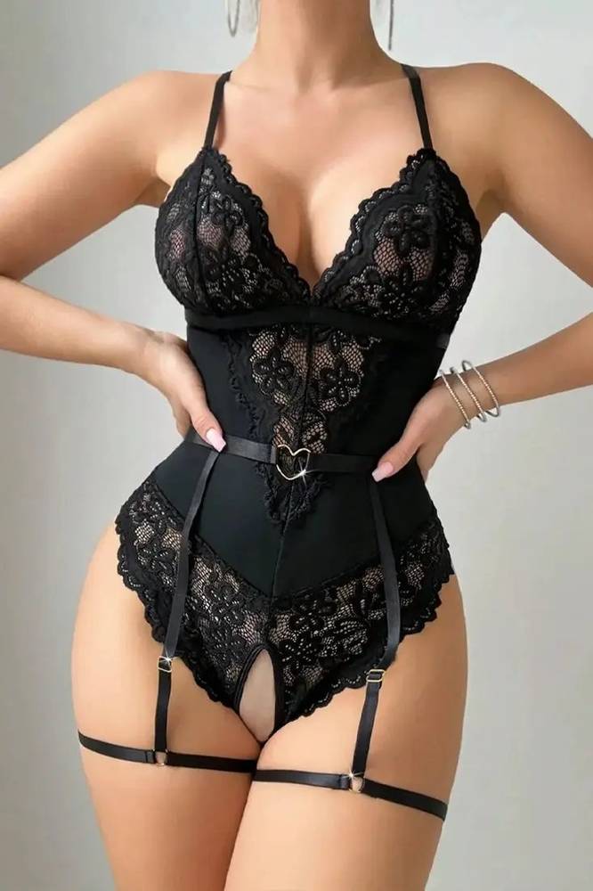 Black lace crotchless bodysuit
