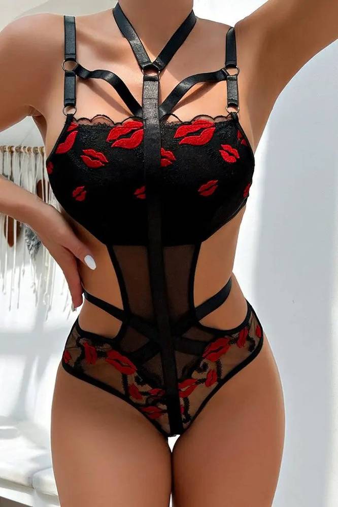 Black lip strappy bodysuit