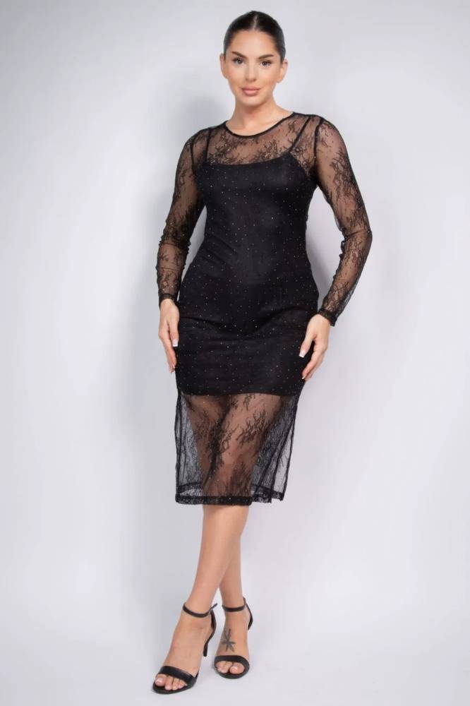 Lace rhinestone slit midi