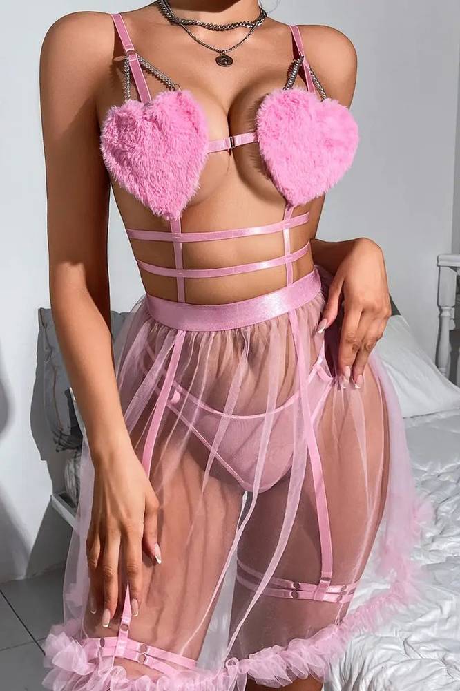 Pink fur heart babydoll