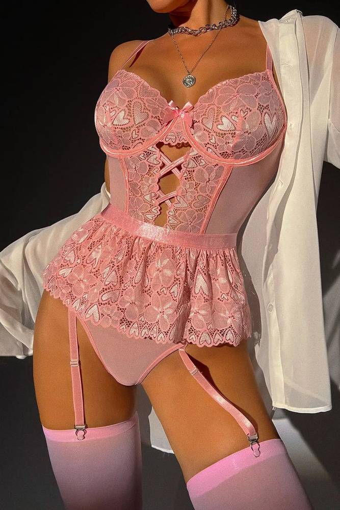 Pink lace skirted bodysuit