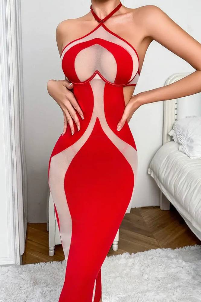 Red nude mesh halter maxi