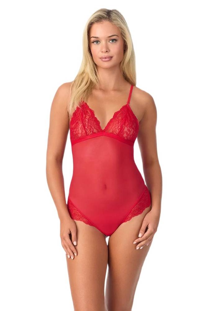 Crimson sheer lace and mesh bodysuit